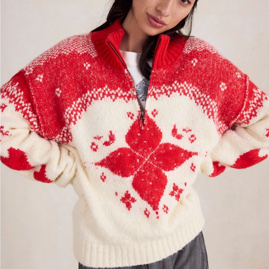 Free People Red And Cream Cowl Neck Sweater